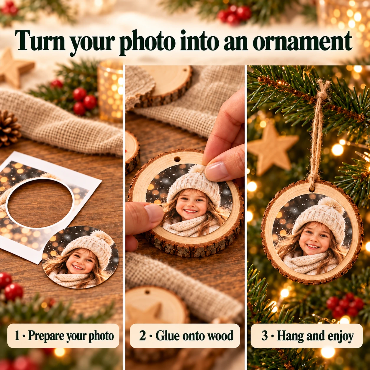 Three-step photo example: prepare the round photo, glue it to the wooden disc and hang the ornament