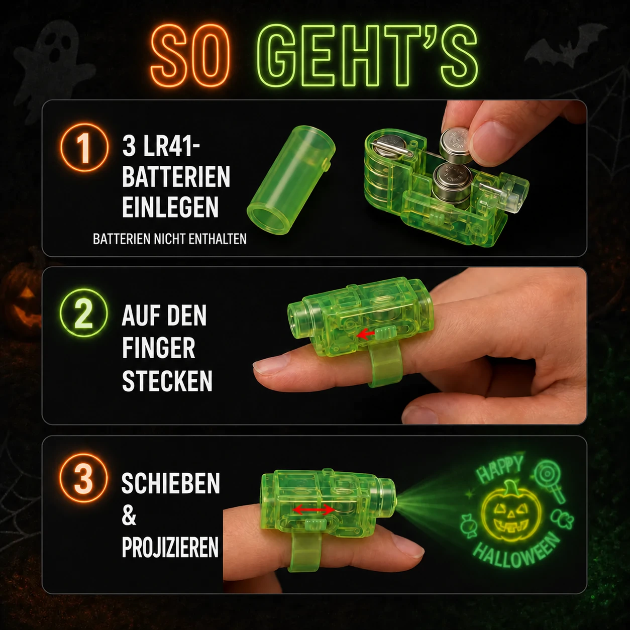 Halloween-Fingerprojektor-Lichter mit Gruselmotiven – 4-teiliges Mitgebsel-Set