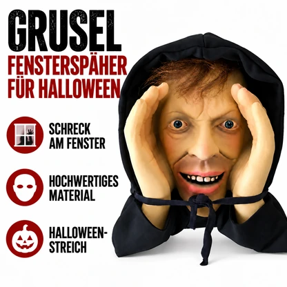 Realistisch aussehende Halloween-Scherzfigur, die durchs Fenster späht