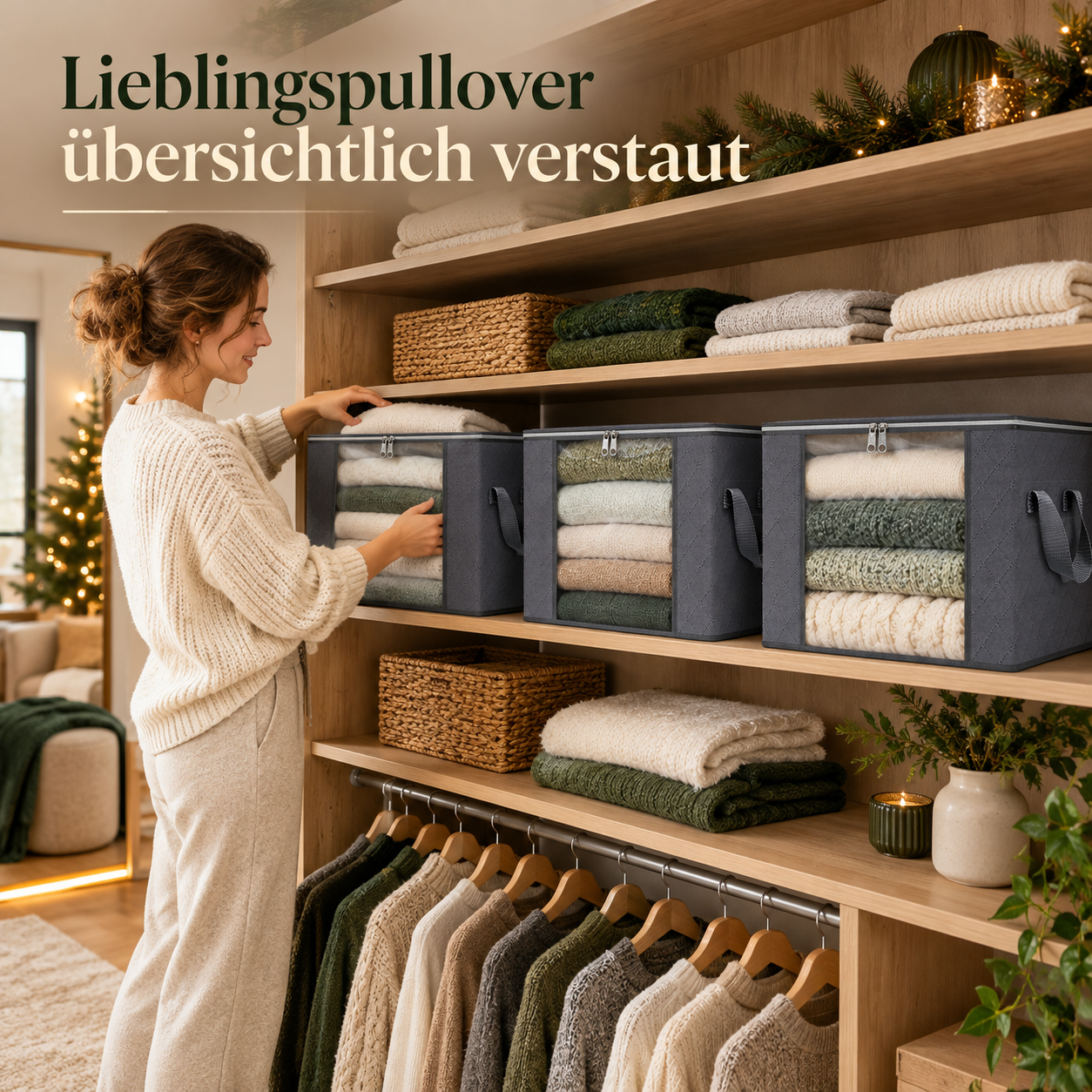 Graue Aufbewahrungstaschen mit Strickkleidung im Kleiderschrank