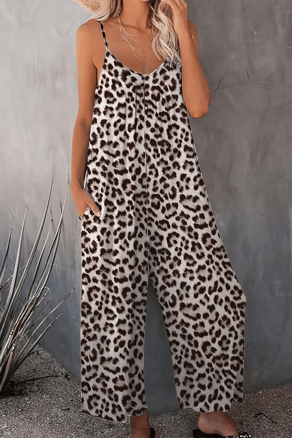 Women’s Leopard Print Suspender Jumpsuit – Casual Sleeveless Wide-Leg Overalls（Buy 2 Free Shipping）