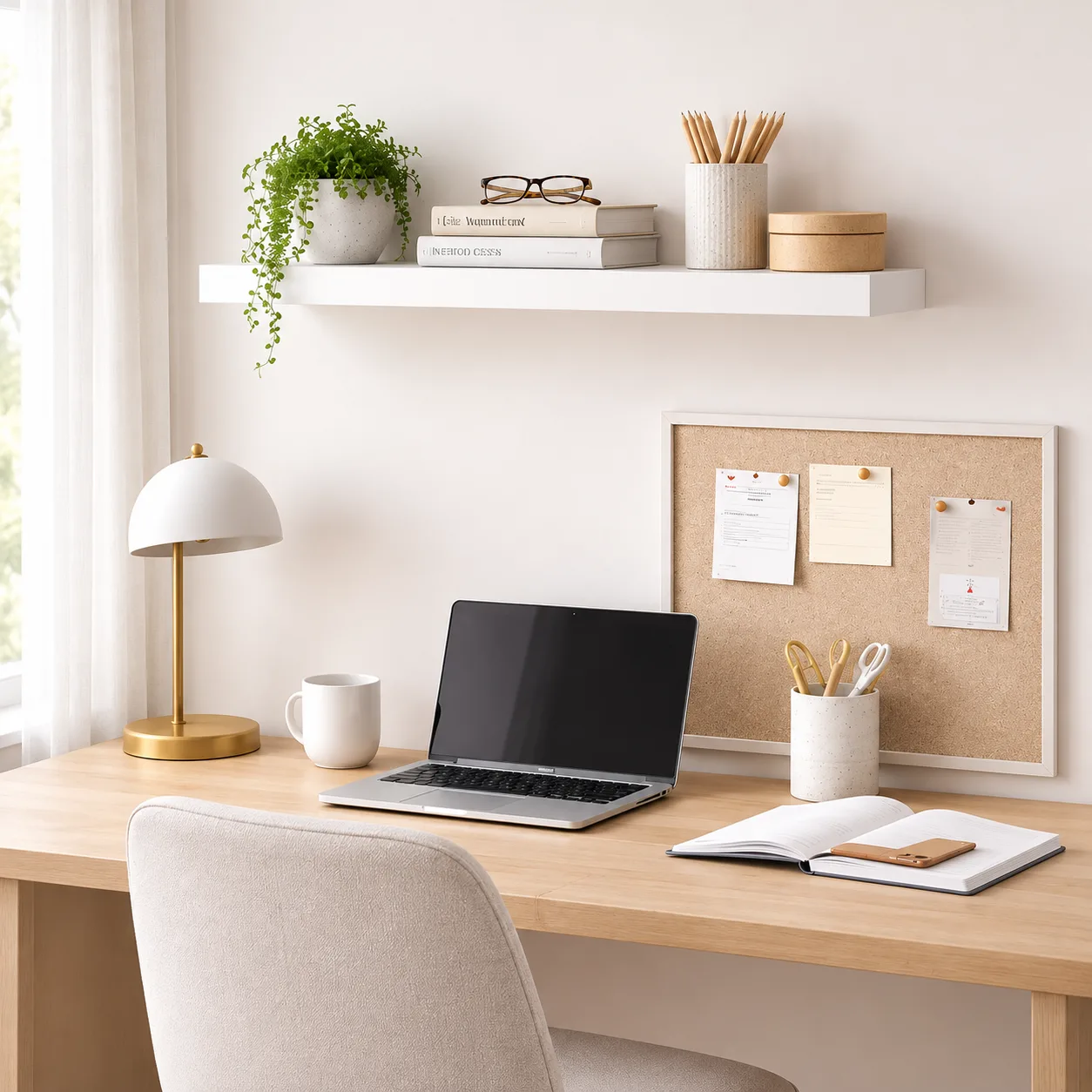 White floating shelf above a home office desk
