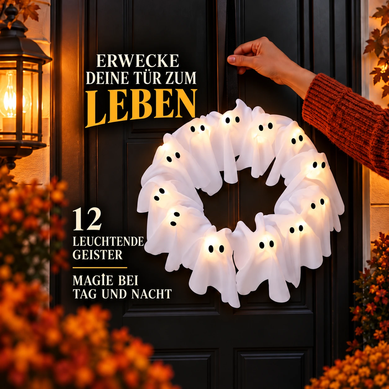 Geisterkranz mit 12 Lichtern – leuchtende Halloween-Türdekoration