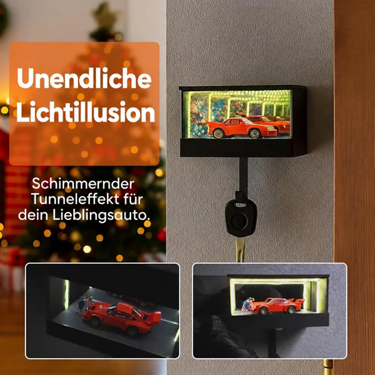 Infinity Garage LED-Schlüsselhalter – schwarze Mini-Auto-Ausstellung