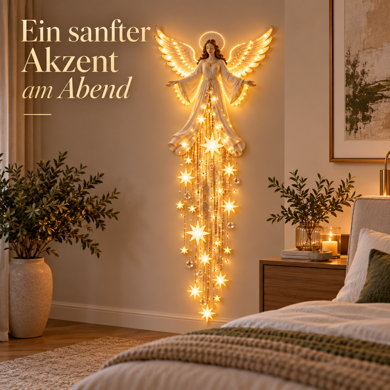 Engel-Wandleuchte als Gestaltungsidee: Ein ruhiger Akzent im Schlafzimmer