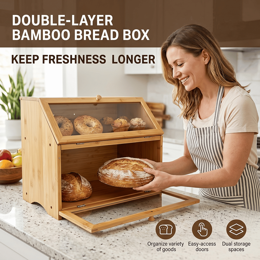 🍞 Double-Layer Bamboo Bread Box – Keep Freshness, Elevate Your Kitchen 🌿✨