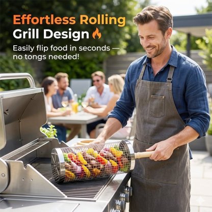 🔥 Stainless Steel Rolling Grill Basket – Effortless 360° Even Cooking