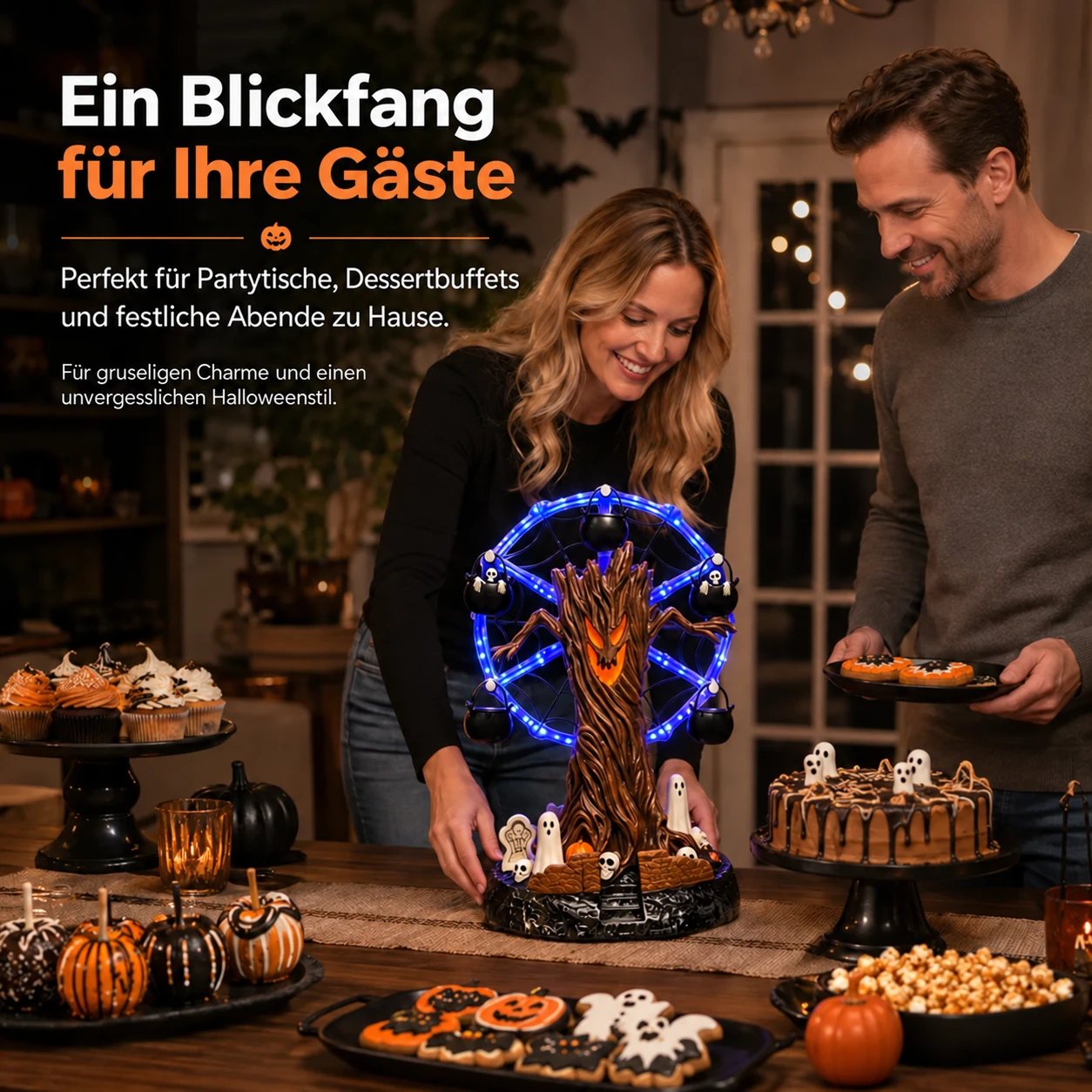 Animierte Halloween-Tischdekoration mit Spukbaum und Riesenrad