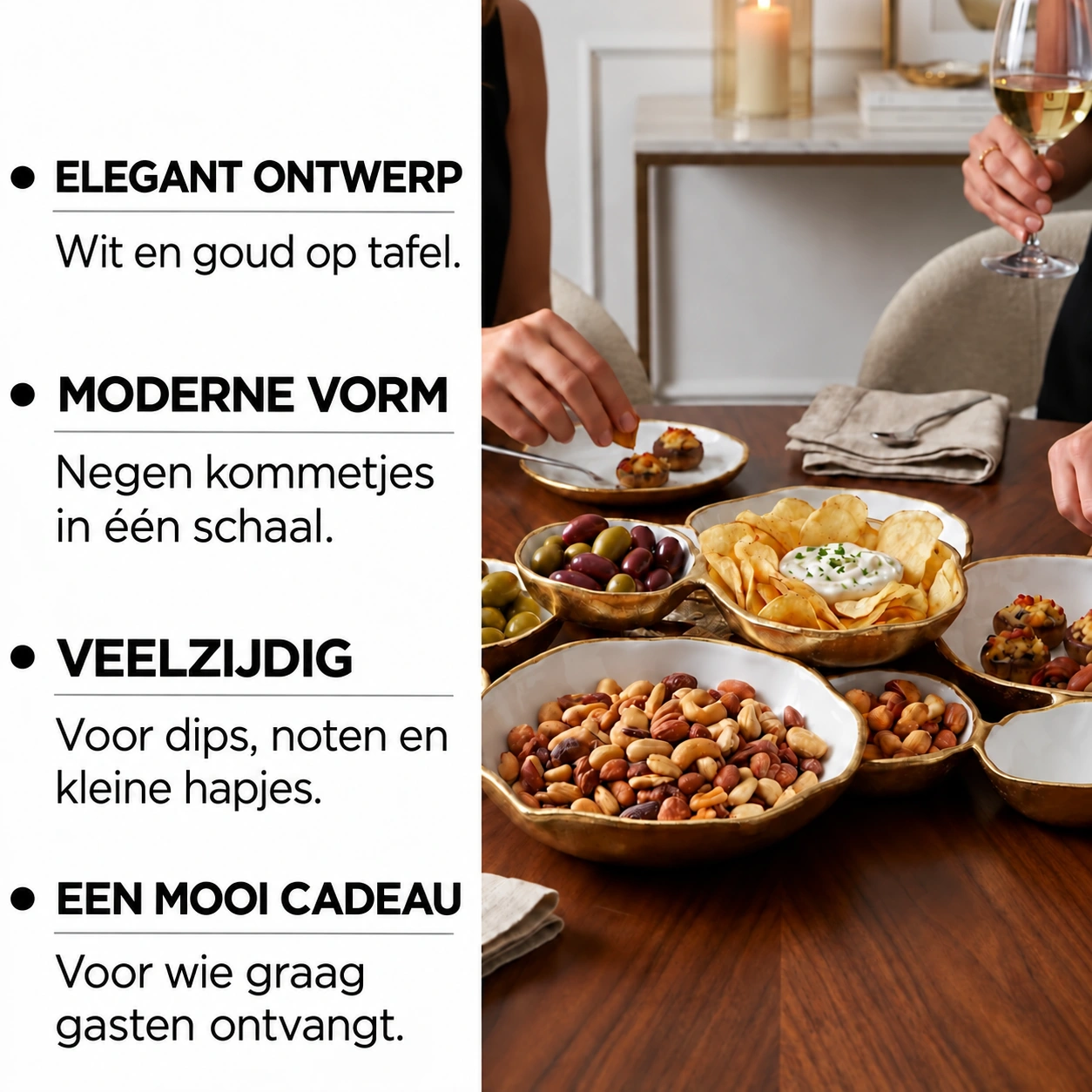 Golden Gathering – serveerschaal met 9 kommetjes | Wit &amp; goud