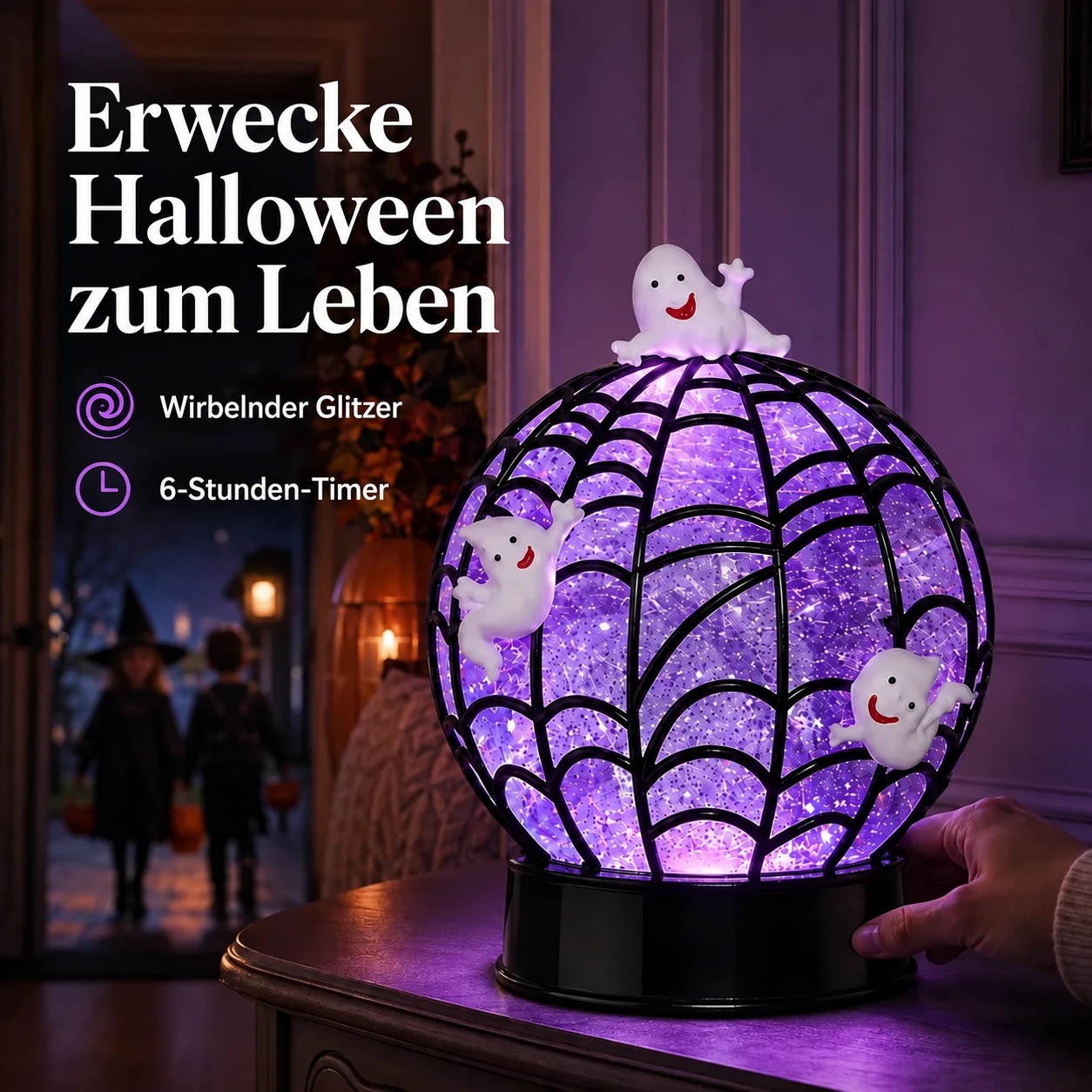 Halloween-Kugelleuchte mit wirbelndem Glitzer und Geistern oder Spinnen