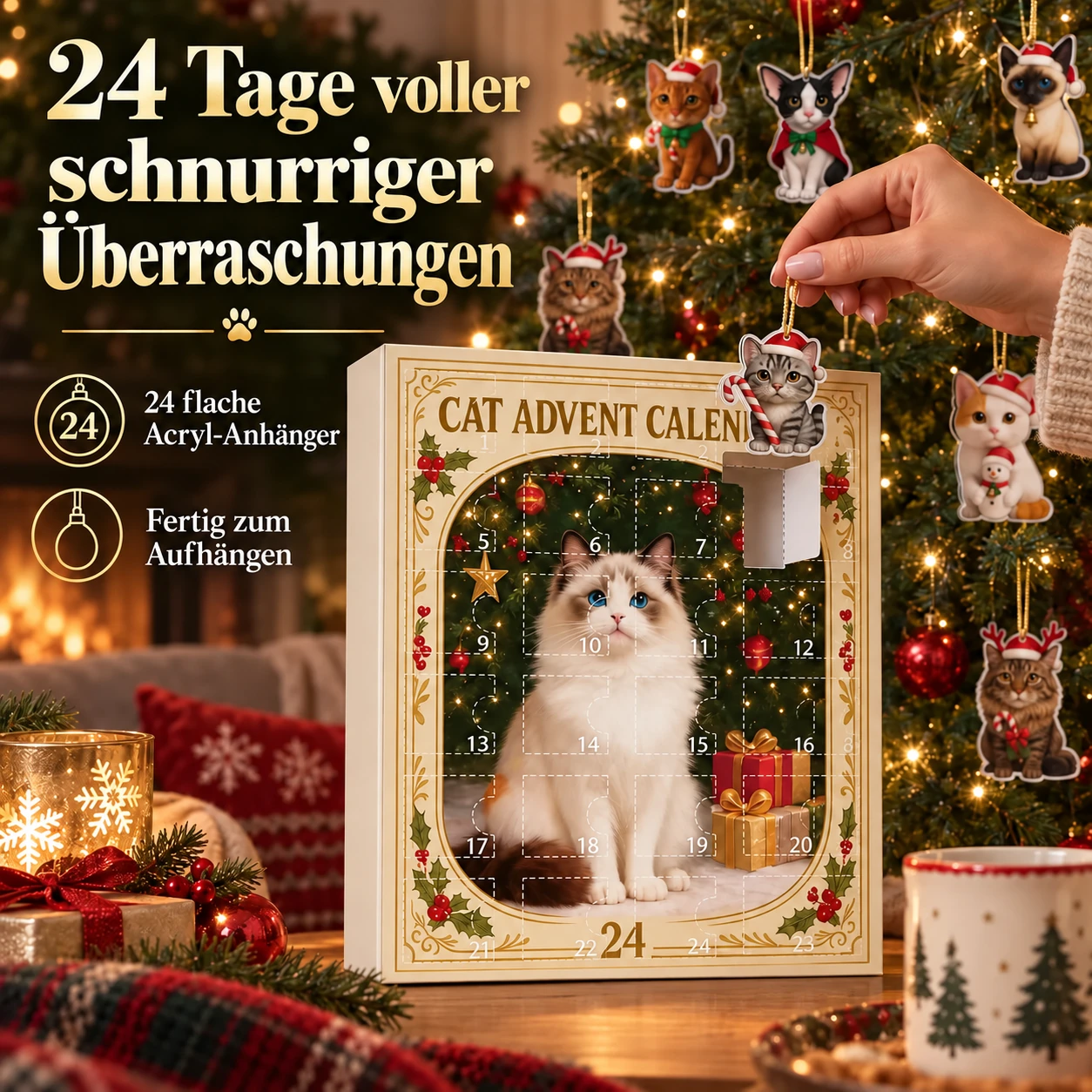 24-Tage-Weihnachts-Adventskalender mit Katzen und Hunden und Acrylanhängern