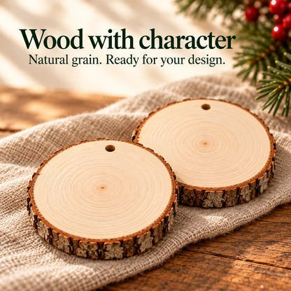 Close-up of natural wooden disc bases with bark edges, growth rings and hanging holes