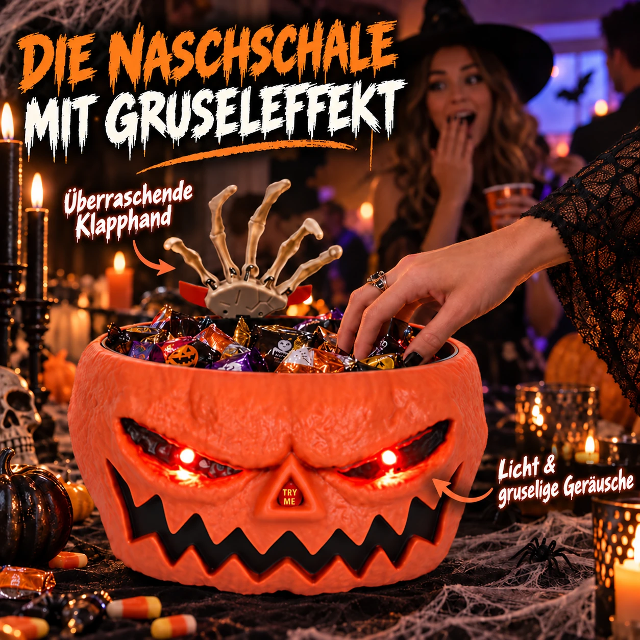 Animierte Halloween-Süßigkeitenschale mit Skeletthand, Licht und Ton