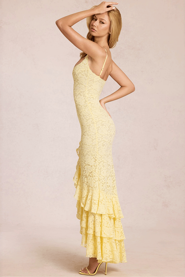 👗Lace Ruffle Maxi Dress with High Slit – Elegant Bodycon Evening Dress