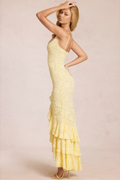 👗Lace Ruffle Maxi Dress with High Slit – Elegant Bodycon Evening Dress