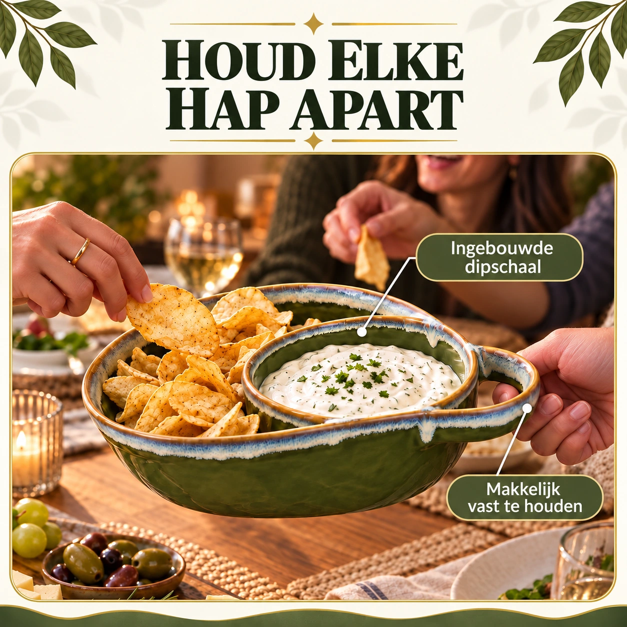 Handgemaakte keramische serveerschaal met vakken en zijhandvat