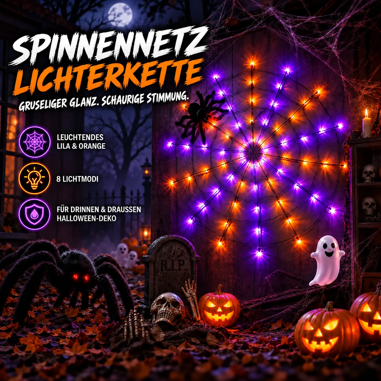 Halloween-Spinnennetzbeleuchtung mit 70 LEDs und Spinne