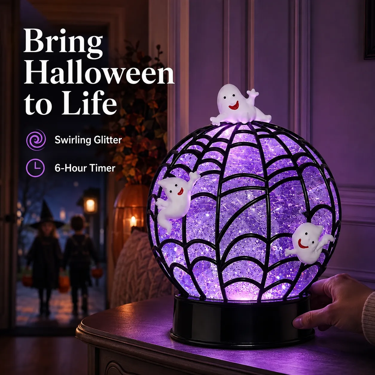 Halloween-kuglelampe med hvirvlende glimmer og spøgelser eller edderkopper