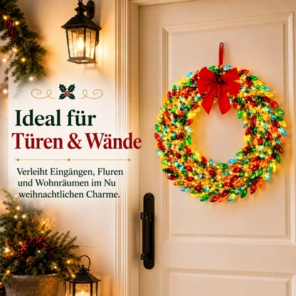 Beleuchteter Weihnachtskranz mit bunten Glühbirnen
