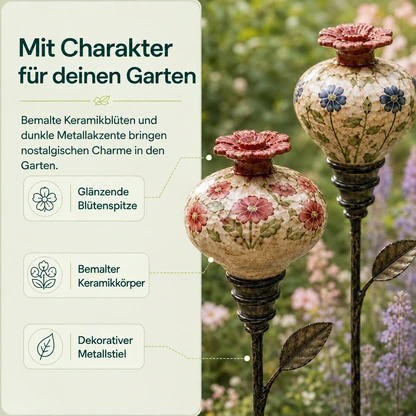 Handbemalte Kolibri-Futterstelle aus Keramik mit Gartenstecker