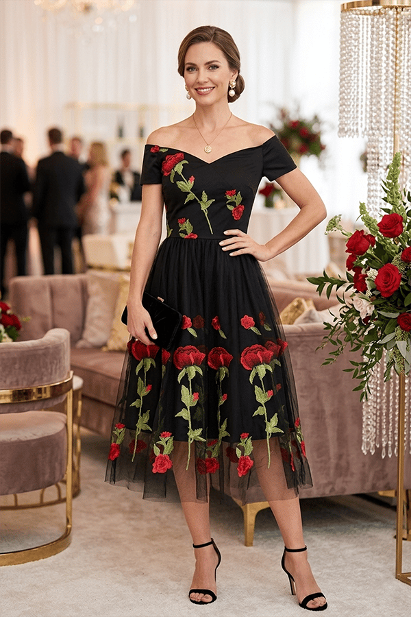 Women’s Vintage Rose Embroidered A-Line Midi Dress(Buy 2 Free Shipping)
