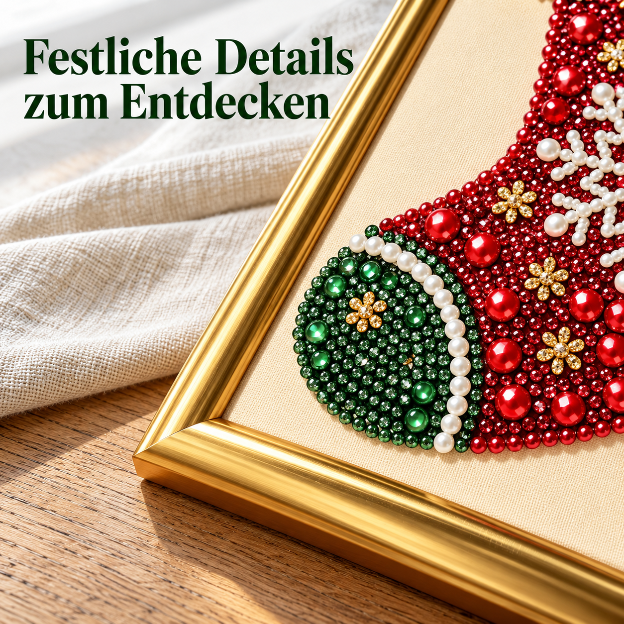 Detail des goldfarbenen Rahmens und des Weihnachtsstrumpfmotivs