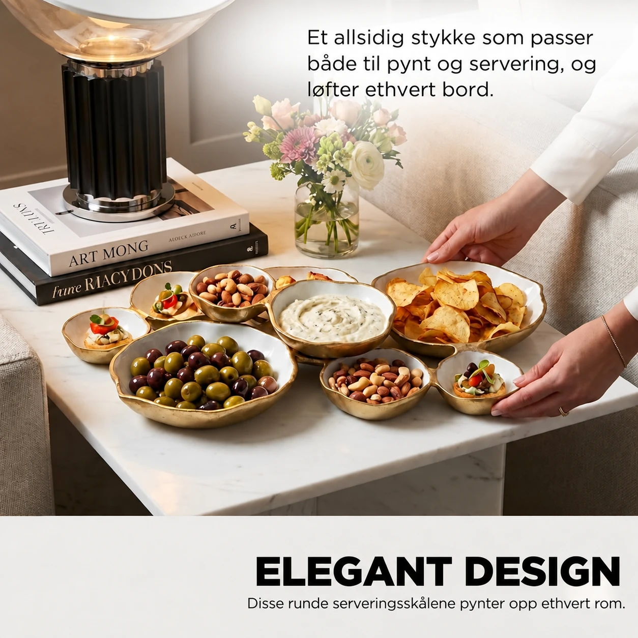 Golden Gathering – serveringsfat med 9 skåler | Hvitt &amp; gull