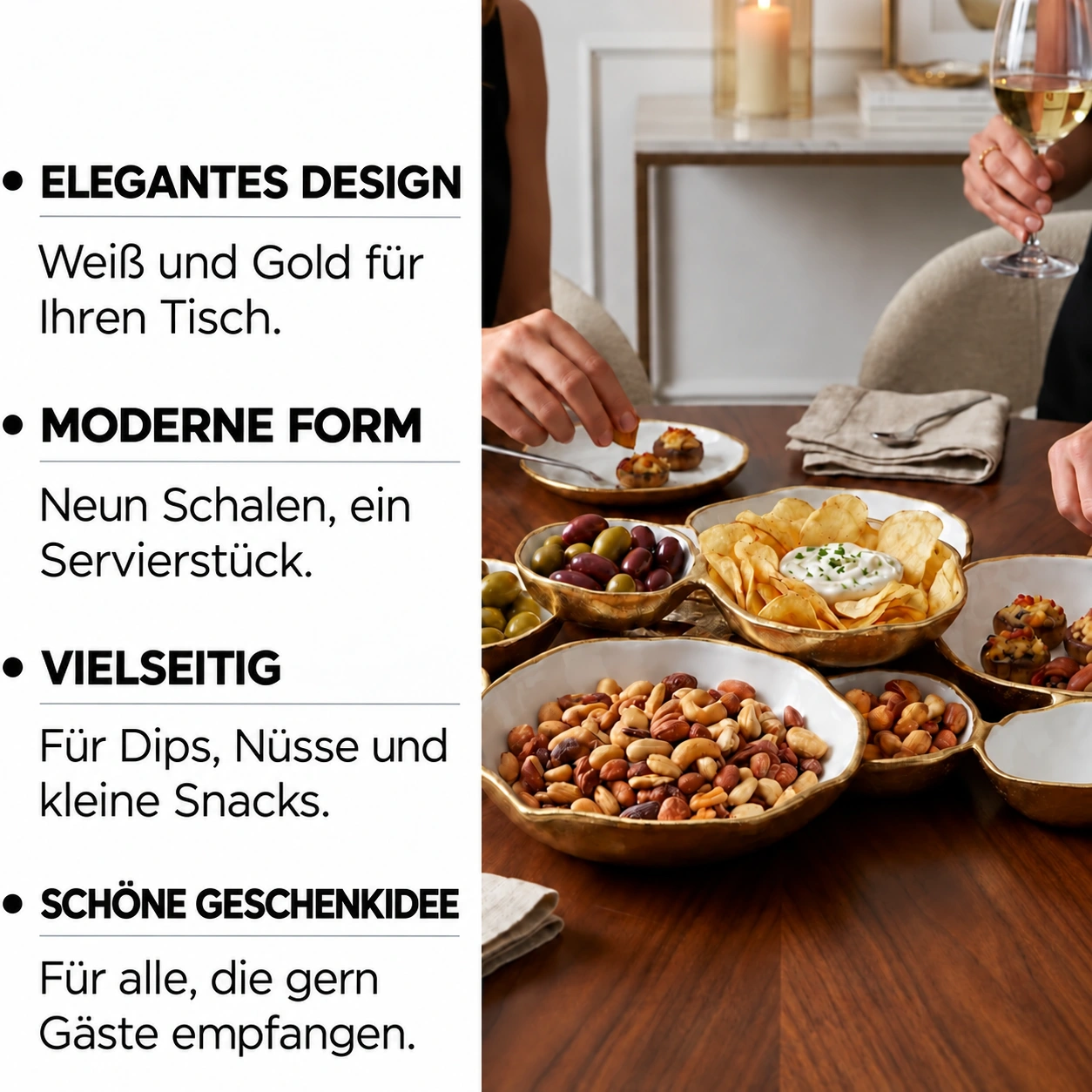 Golden Gathering – Servierplatte mit 9 Schalen | Weiß &amp; Gold