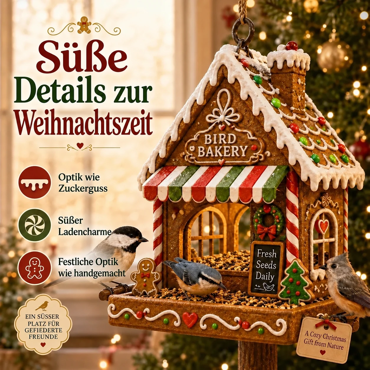 Hängende Vogelfutterstellen mit Weihnachtsfiguren