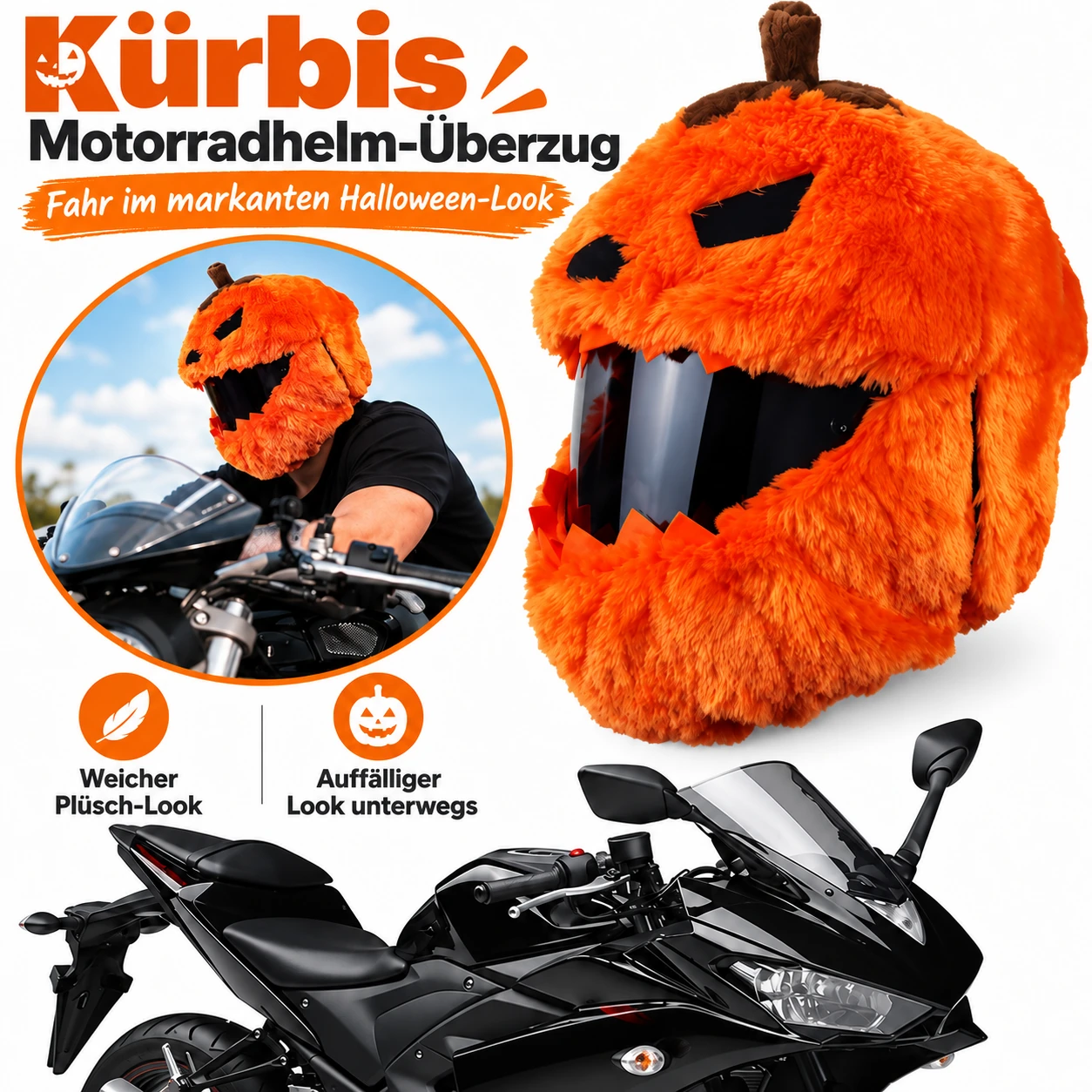 Festliche Plüschbezüge für Motorradhelme – Weihnachtsmann und Kürbis