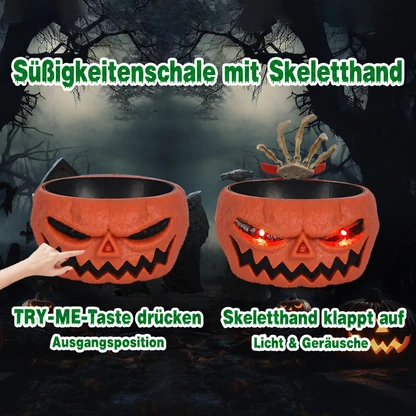 Animierte Halloween-Süßigkeitenschale mit Skeletthand, Licht und Ton