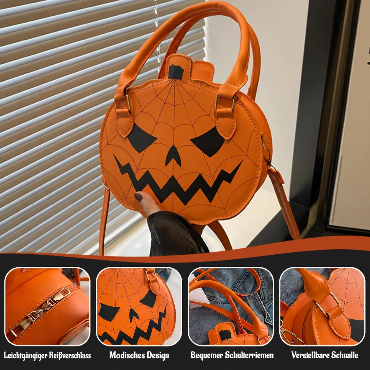 Orange Kürbis-Handtasche mit Spinnennetz – Halloween-Umhängetasche
