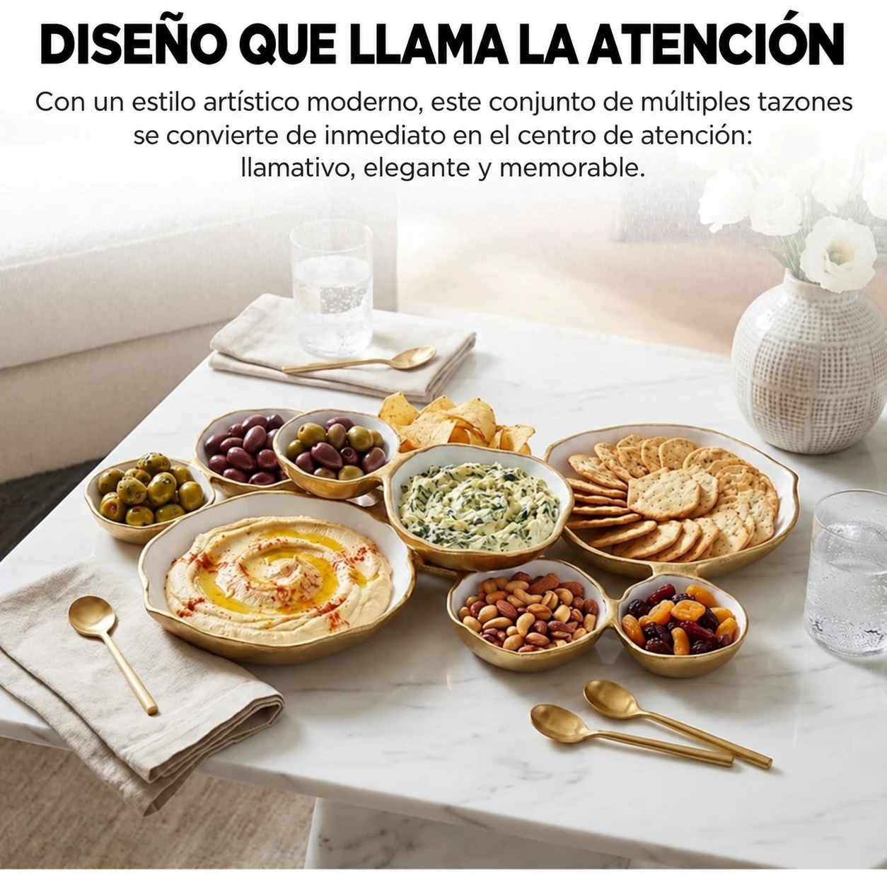 Golden Gathering – charola con 9 tazones | Blanco y dorado