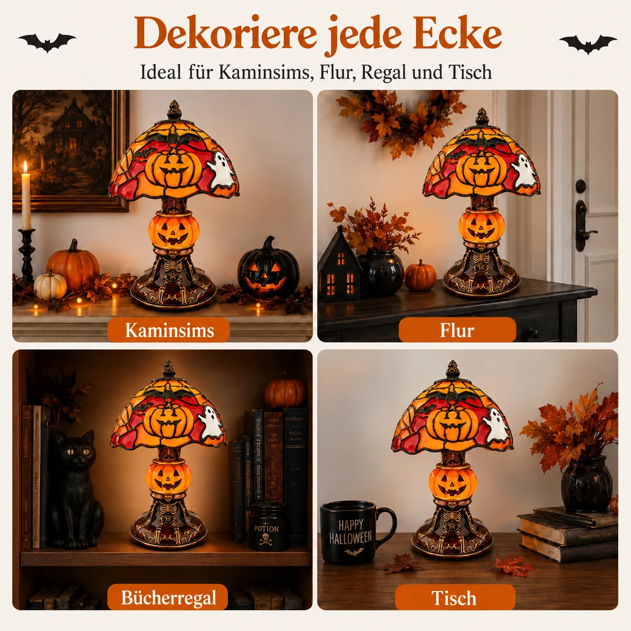 Halloween-Tischlampe im Buntglasstil mit gemütlichem Licht