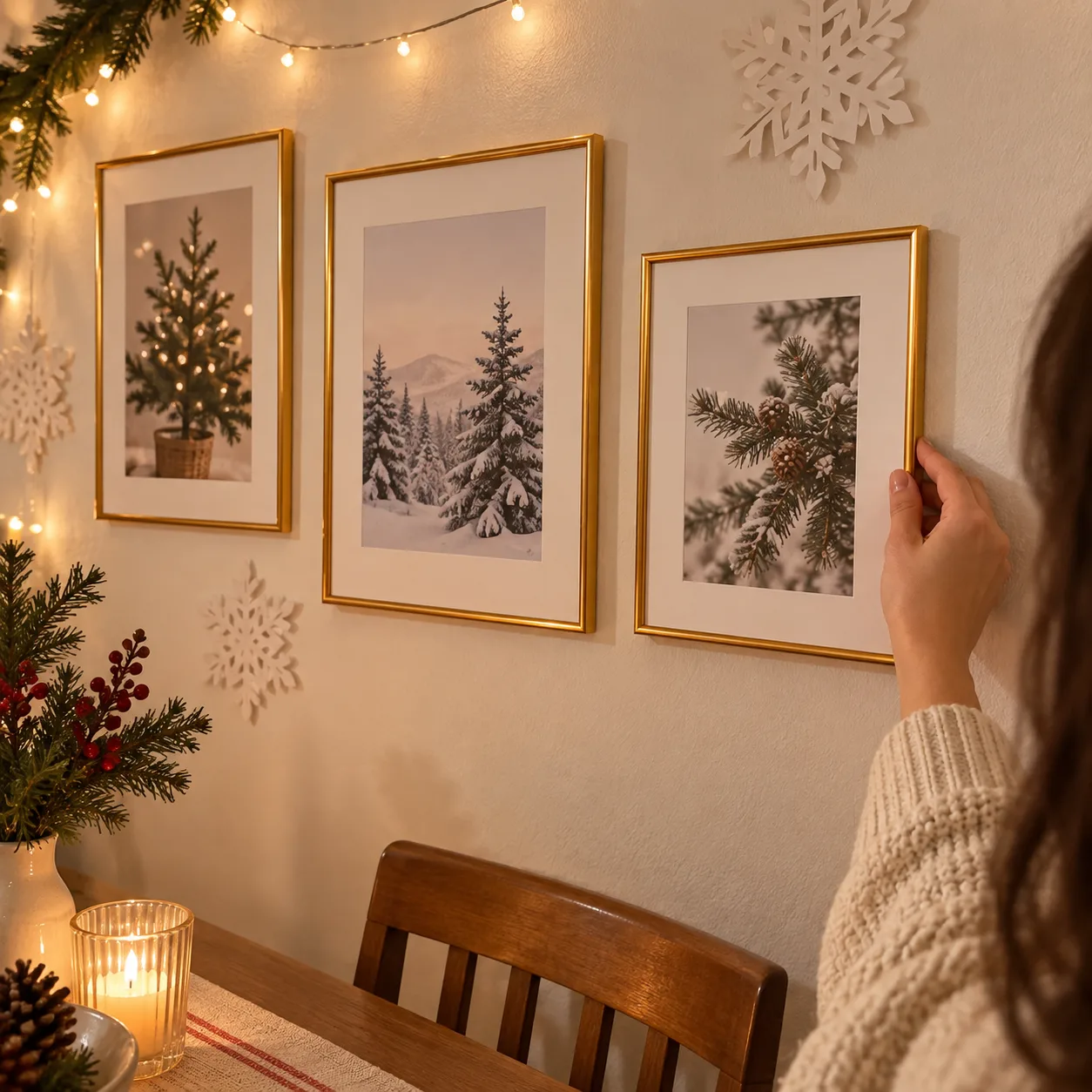 Foto i kundestil af koordinerede guldrammer på en julebilledvæg