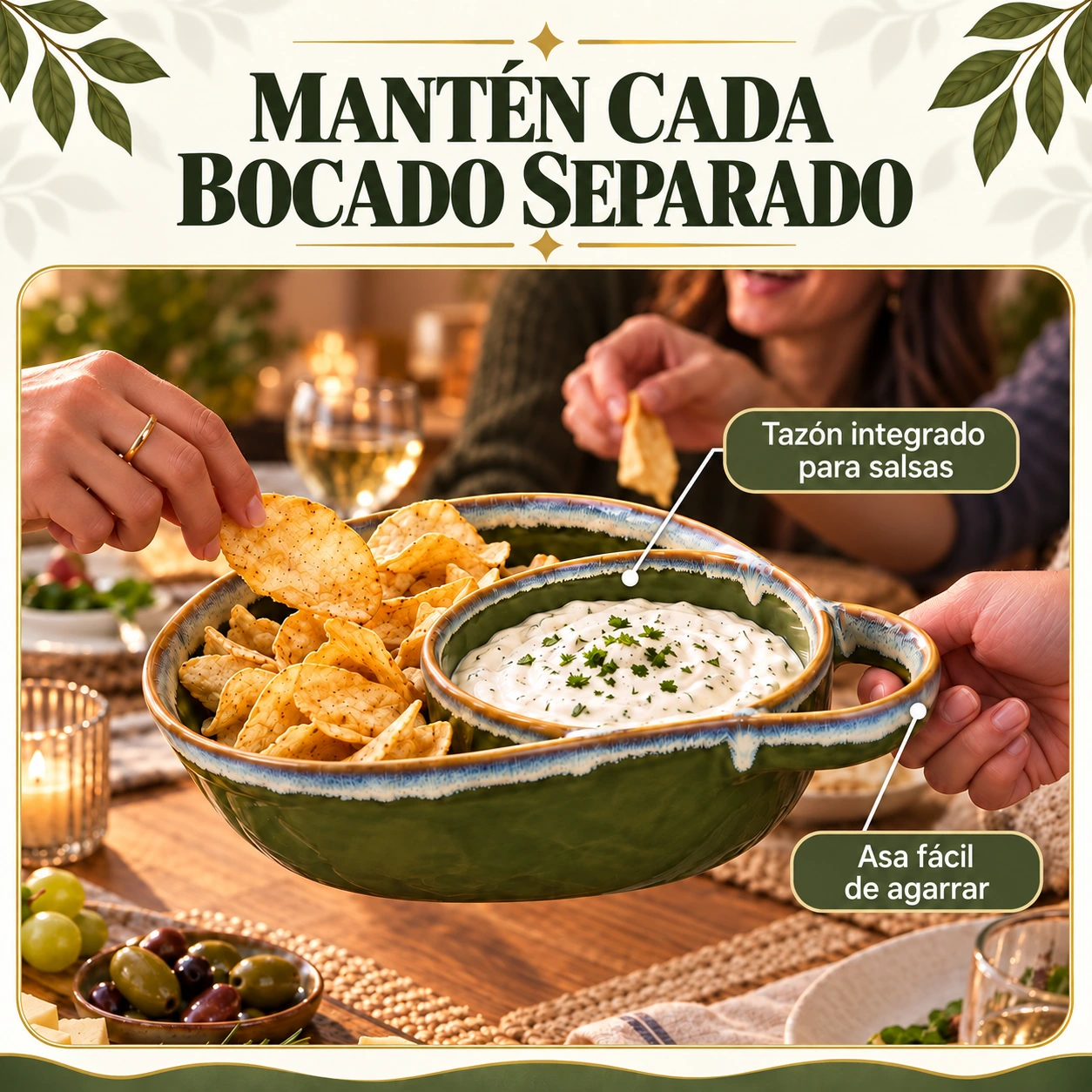 Plato artesanal de cerámica con divisiones y asa lateral