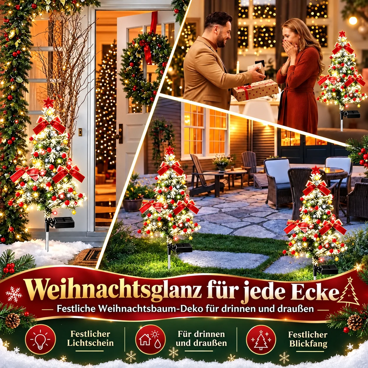 Weihnachtsbaumleuchte mit Erdspieß an Veranda, Terrasse und Gartenweg