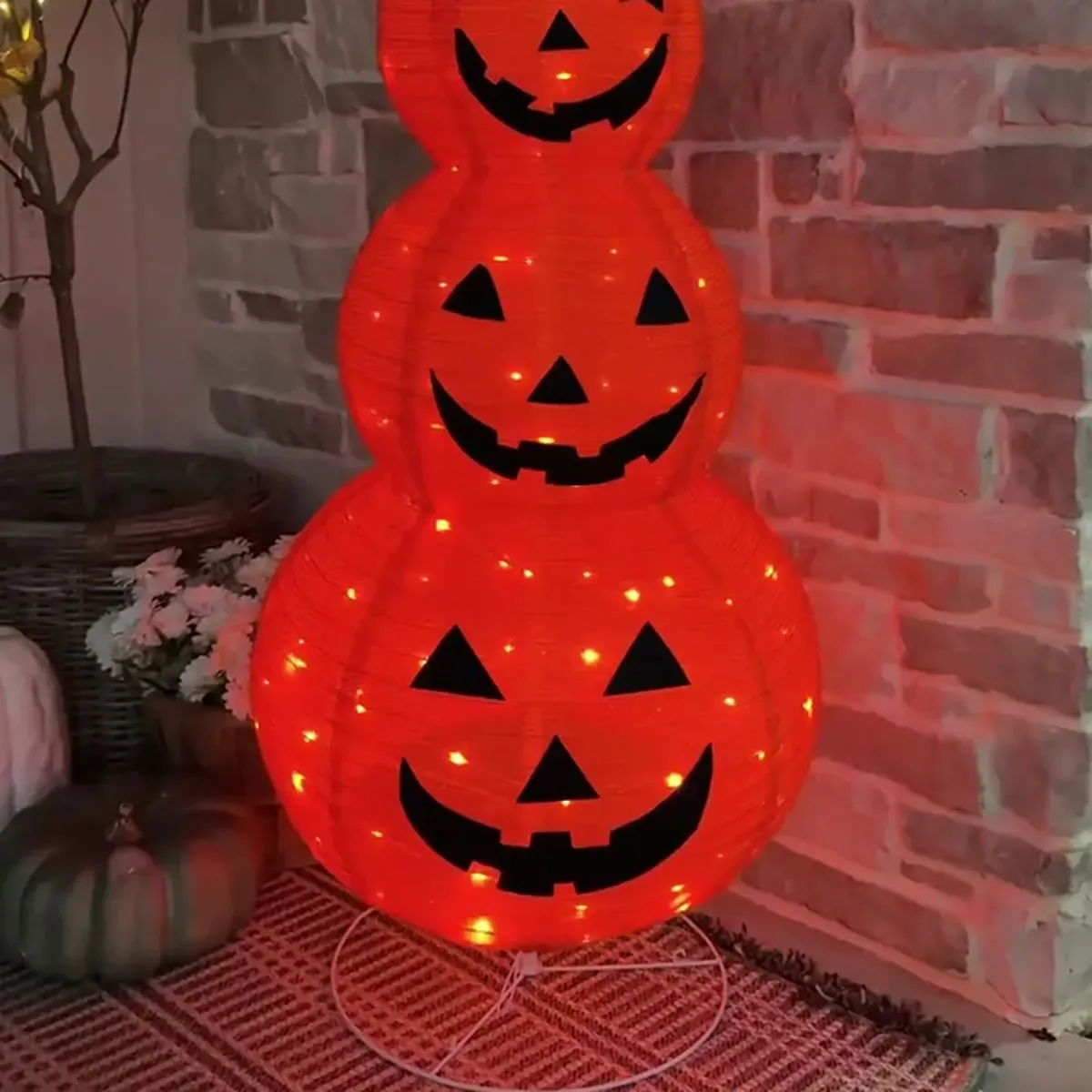 3-Tier Lighted Pumpkin Lantern Stack with Witch Hat