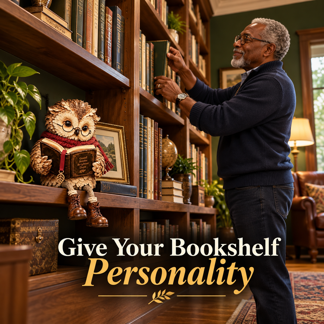 Your bookshelf with the same reading owl figurine