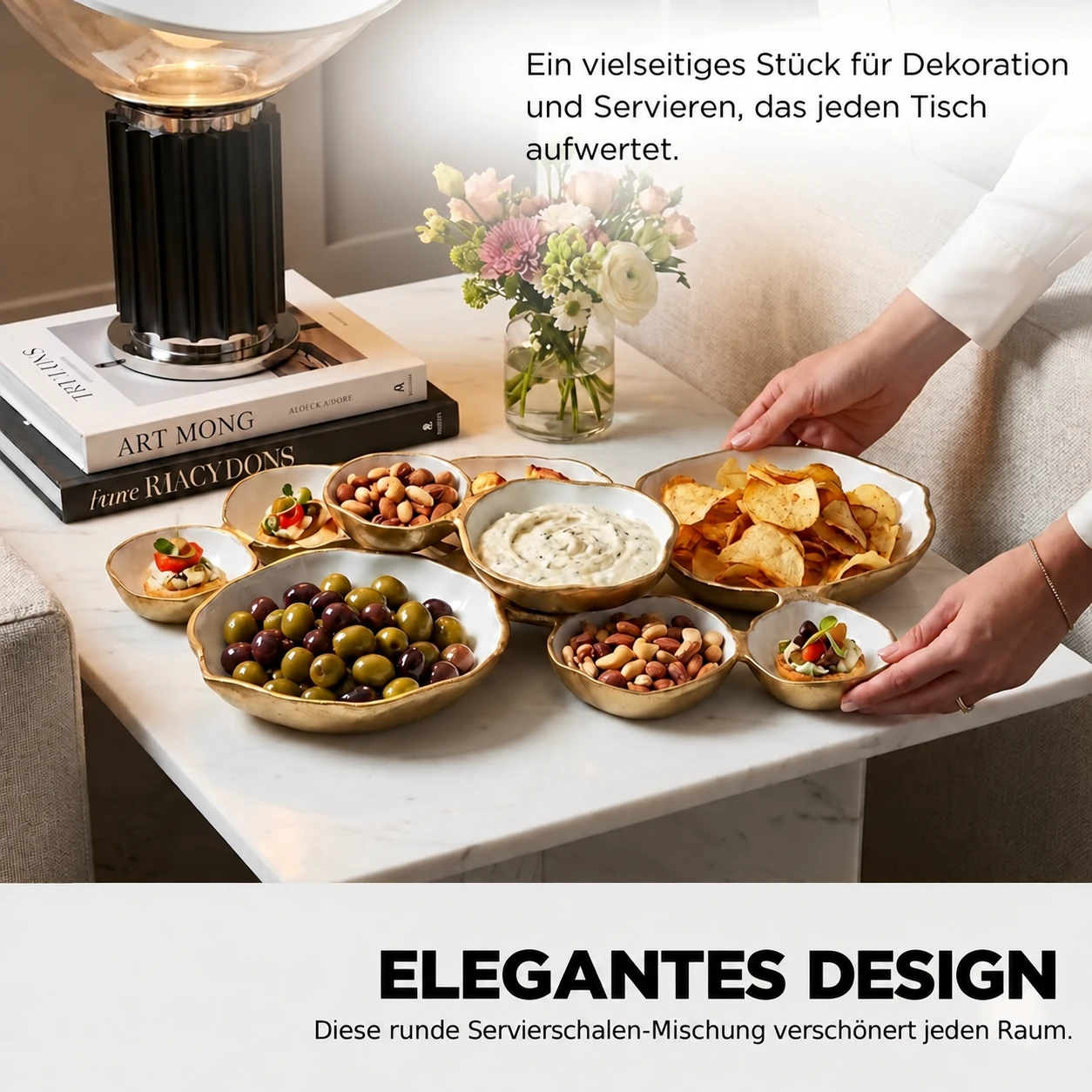 Golden Gathering – Servierplatte mit 9 Schalen | Weiß &amp; Gold