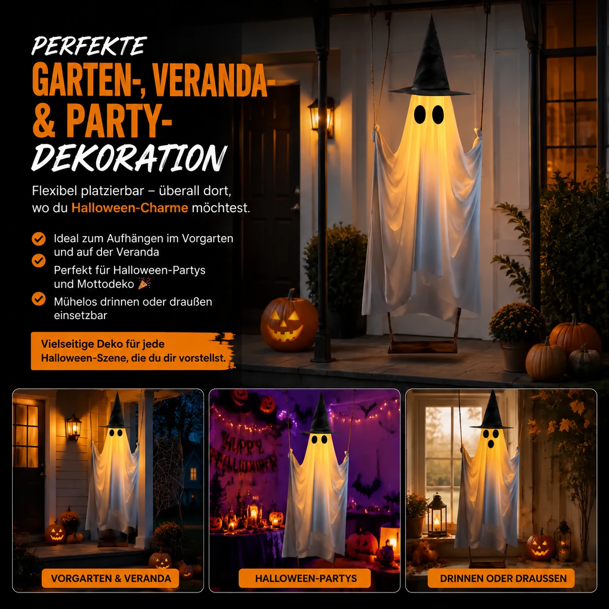 👻Hängender schaukelnder Geist mit LED-Licht als Halloween-Dekoration