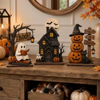 Lighted Halloween Haunted House Tabletop Figurines – 3-Piece Set