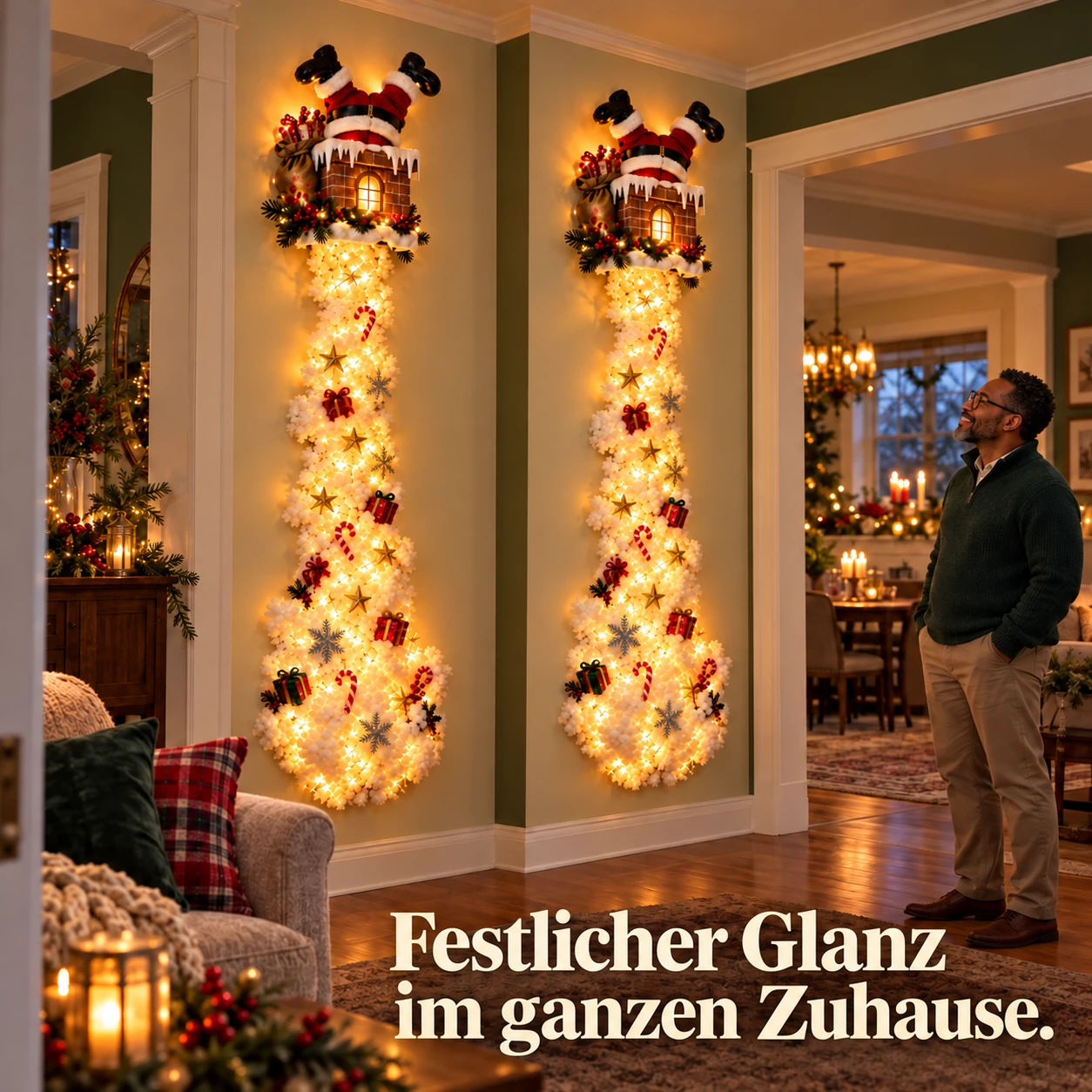 Zwei leuchtende Weihnachtsmann-Kamin-Wanddekorationen mit schneebedeckter Kaskade