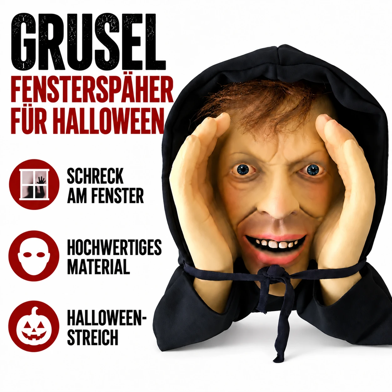 Realistisch aussehende Halloween-Scherzfigur, die durchs Fenster späht
