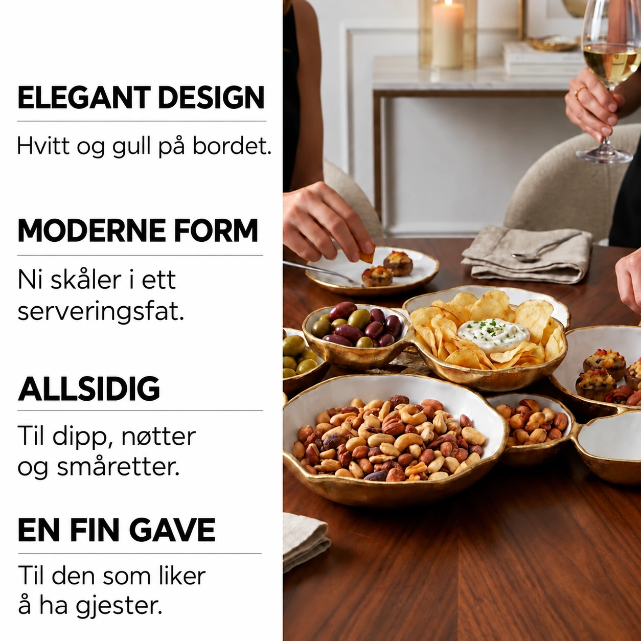 Golden Gathering – serveringsfat med 9 skåler | Hvitt &amp; gull