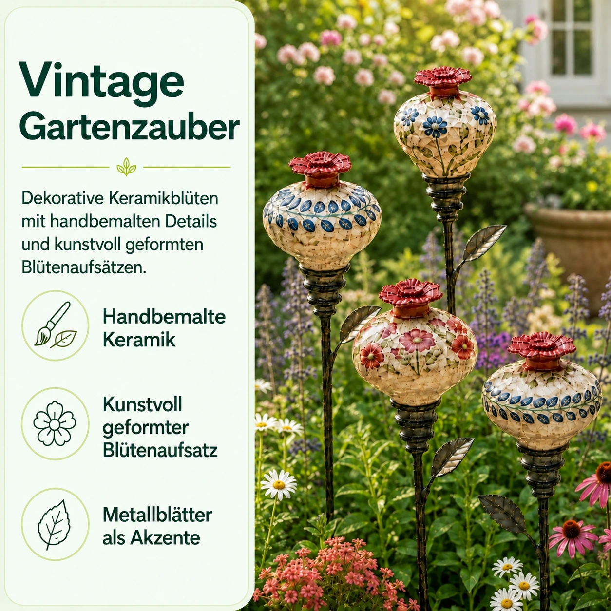 Handbemalte Kolibri-Futterstelle aus Keramik mit Gartenstecker