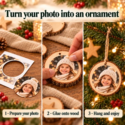 Three-step photo example: prepare the round photo, glue it to the wooden disc and hang the ornament