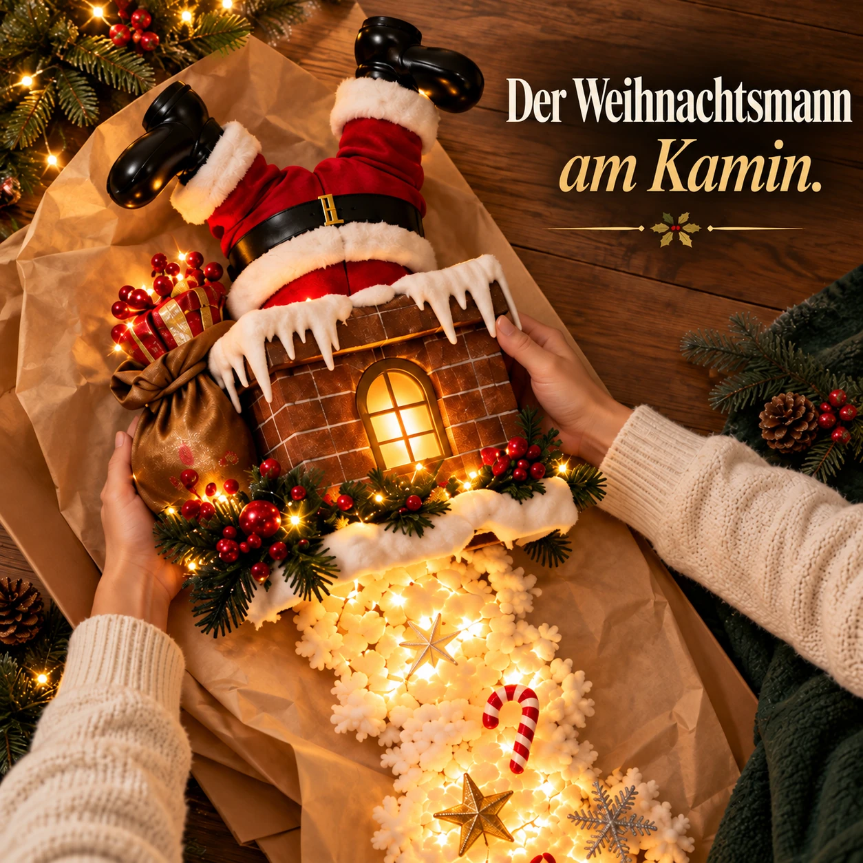 Weihnachtsmann-Kamin-Wanddekoration mit leuchtender Schneekaskade