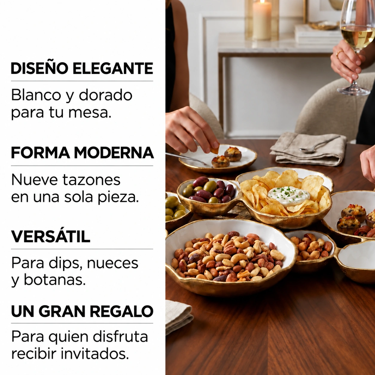 Golden Gathering – charola con 9 tazones | Blanco y dorado
