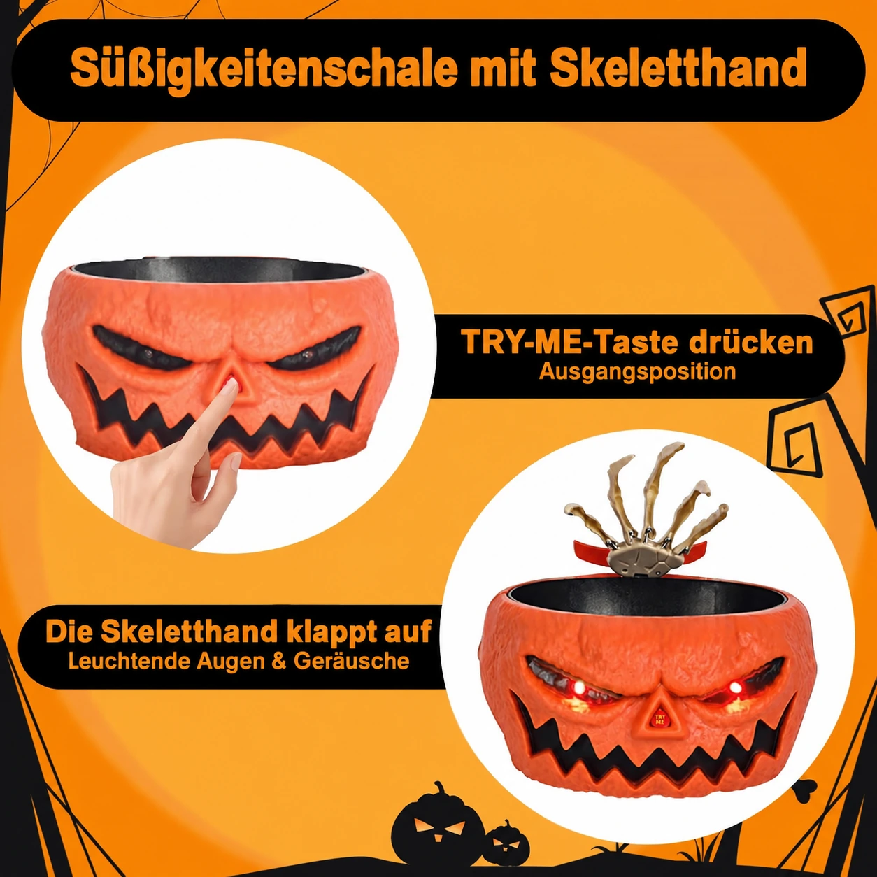 Animierte Halloween-Süßigkeitenschale mit Skeletthand, Licht und Ton
